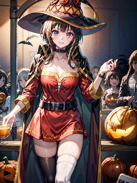 8k UHD, Photo by Nikon camera, masterpiece, (<lora:Megumin_V1.0:1> Megumin,megumin's style, cape,hat, smiling), watching viewer, 8k unreal engine render, very vivid lighting, detailed, (vibrant, photo realistic, realistic, sharp focus), halloween, <lora:add_detail:0.8> <lora:improve_backgrounds:0.8>