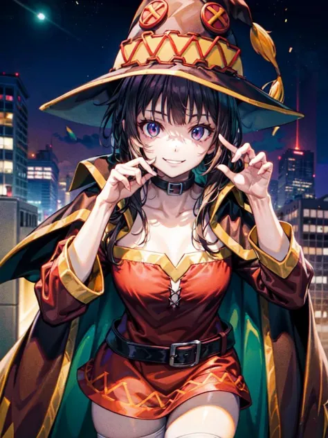 8k UHD, Photo by Nikon camera, masterpiece, (<lora:Megumin_V1.0:1> Megumin,megumin's style, cape,hat, smiling), watching viewer, 8k unreal engine render, very vivid lighting, detailed, (vibrant, photo realistic, realistic, sharp focus), halloween, <lora:add_detail:0.8> <lora:improve_backgrounds:0.8>