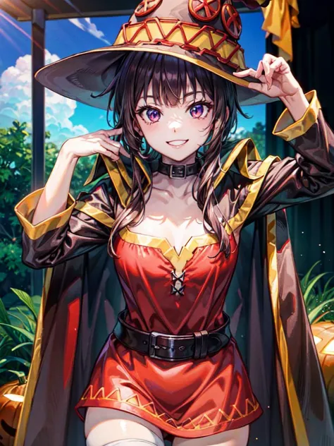 8k UHD, Photo by Nikon camera, masterpiece, (<lora:Megumin_V1.0:1> Megumin,megumin's style, cape,hat, smiling), watching viewer, 8k unreal engine render, very vivid lighting, detailed, (vibrant, photo realistic, realistic, sharp focus), halloween, <lora:add_detail:0.8> <lora:improve_backgrounds:0.8>