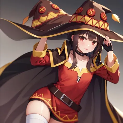 HDR, 8K, 4K, masterpiece, beatiful quality, <lora:Megumin_V1.0:1> 1girl, red eyes, solo, brown hair, short hair with long locks, bangs, hat, witch hat, collarbone, cape, black gloves, collar, small breasts, Megumin, megumin's style, Megumin,megumin's style, cape, hat, green field,