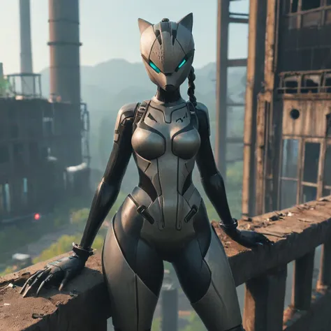 FortniteLynx standing proudly on a ledge of an abandoned factory  <lora:FortniteLynx:1>  closeup face