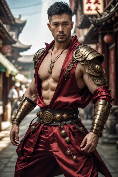 character portrait painting including full-length body image, huge muscular physique, handsome bald Jamaican, longshot, naked male in Arabian Nights costume, visible alien tattoos on huge muscular thighs chest and shoulders, loos elaborate kimono-style skirt, green pink gold, a magical symbol woven in gold thread into his clothing, action hero, intricate and detailed drawing
