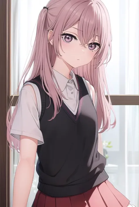 sajunainui, <lyco:sajunainuis1-lyco-nochekaiser:1>, 
sajuna inui, long hair, bangs, hair ornament, hair between eyes, pink hair, hair flower, (pink eyes:1.5), two side up, crossed bangs, black flower, black rose,
BREAK shirt, bow, school uniform, white shirt, short sleeves, serafuku, sailor collar, yellow bow, red sailor collar, (red skirt:1.5), sweater vest, (black sweater vest:1.5),
BREAK indoors, classroom,
BREAK looking at viewer, (cowboy shot:1.5),
BREAK <lyco:GoodHands-beta2:1>, (masterpiece:1.2), best quality, high resolution, unity 8k wallpaper, (illustration:0.8), (beautiful detailed eyes:1.6), extremely detailed face, perfect lighting, extremely detailed CG, (perfect hands, perfect anatomy),