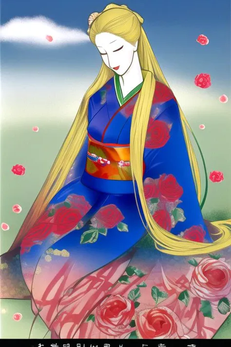 long kimono, long blonde hair, roses, woman sitting on grass, blue sky with clouds, <lyco:Masayuki-14:1.0>