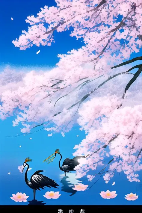 two cranes in a pond, trees all around, sakura petals, blue sky with clouds, <lyco:Masayuki-14:1.0>