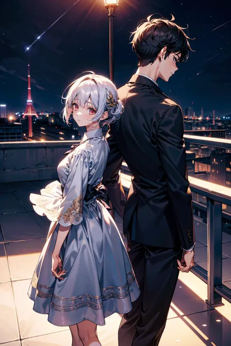 Masterpiece, anime still, intricate details, uhd, 4k, hdr, EyeDetail, (1girl, 1boy,) ((standing back to back)), ((tall male, short female)), looking at the viewer, at night, <lora:school_rooftop_v0.1:1> school rooftop