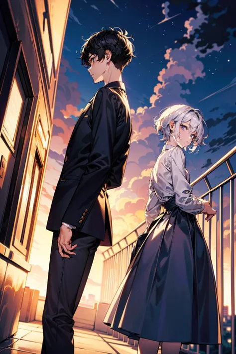 Masterpiece, anime still, intricate details, uhd, 4k, hdr, EyeDetail, (1girl, 1boy,) (((standing back to back))):1.3, (((tall male, short girl))), ((looking at the viewer, low angle view)), at night, <lora:school_rooftop_v0.1:1> school rooftop