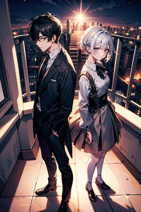 Masterpiece, anime still, intricate details, uhd, 4k, hdr, EyeDetail, (1girl, 1boy,) ((standing back to back)), ((tall male, short female)), looking at the viewer, at night, <lora:school_rooftop_v0.1:1> school rooftop
