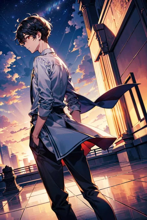 Masterpiece, anime still, intricate details, uhd, 4k, hdr, EyeDetail, (1girl, 1boy,) (((standing back to back))):1.3, (((tall male, short girl))), ((looking at the viewer, low angle view)), at night, <lora:school_rooftop_v0.1:1> school rooftop