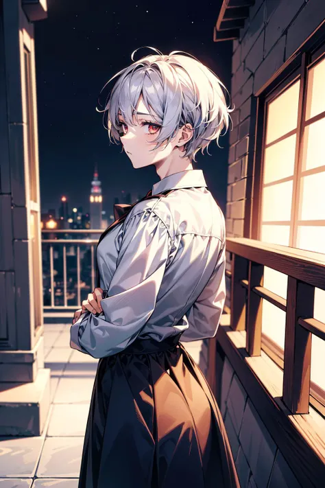 Masterpiece, anime still, intricate details, uhd, 4k, hdr, EyeDetail, (1girl, 1boy,) (((standing back to back))):1.3, (((tall male, short girl))), ((looking at the viewer, low angle view)), at night, <lora:school_rooftop_v0.1:1> school rooftop