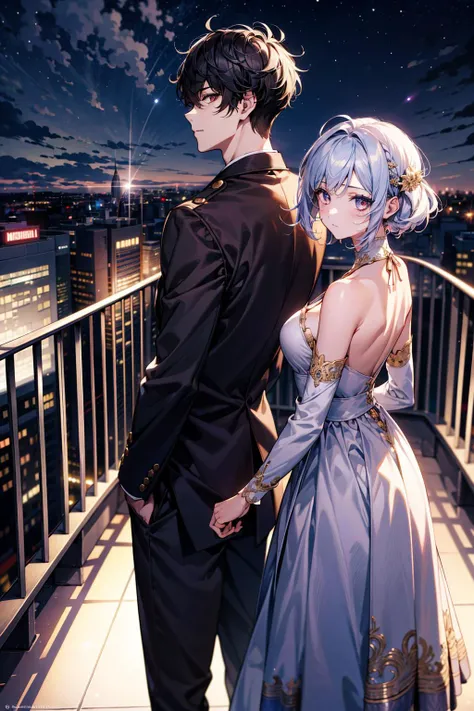 Masterpiece, anime still, intricate details, uhd, 4k, hdr, EyeDetail, (1girl, 1boy,) ((standing back to back)), ((tall male, short female)), looking at the viewer, at night, <lora:school_rooftop_v0.1:1> school rooftop