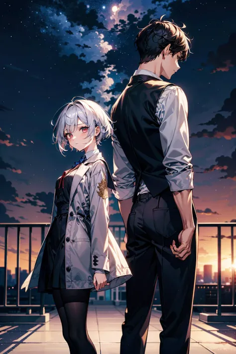 Masterpiece, anime still, intricate details, uhd, 4k, hdr, EyeDetail, (1girl, 1boy,) ((standing back to back)), ((tall male, short female)), looking at the viewer, at night, <lora:school_rooftop_v0.1:1> school rooftop