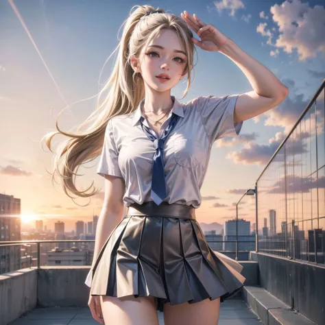 (masterpiece:1.2), (best quality:1.2), (extremely detailed:1.2), (extremely detailed face), (photorealistic:1.2), (ultra detailed), 8k, 1girl, slim and petite body, medium, boobs, high ponytail hair, ([blonde | brown] hair), (unbuttoned white high school uniform:1.2), light gray short skirt, white pantie, cameltoe, silver necklace, (tie in between breasts:1.2), showing cleavage, smile, happy expression, waving, looking at viewer, standing, <lora:school_rooftop_v0.1:0.85>, school rooftop, sunset, <lora:add_detail:1>