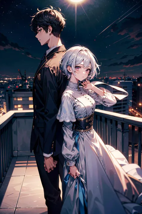 Masterpiece, anime still, intricate details, uhd, 4k, hdr, EyeDetail, (1girl, 1boy,) ((standing back to back)), ((tall male, short female)), looking at the viewer, at night, <lora:school_rooftop_v0.1:1> school rooftop