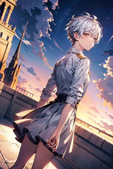 Masterpiece, anime still, intricate details, uhd, 4k, hdr, EyeDetail, (1girl, 1boy,) (((standing back to back))):1.3, (((tall male, short girl))), ((looking at the viewer, low angle view)), at night, <lora:school_rooftop_v0.1:1> school rooftop