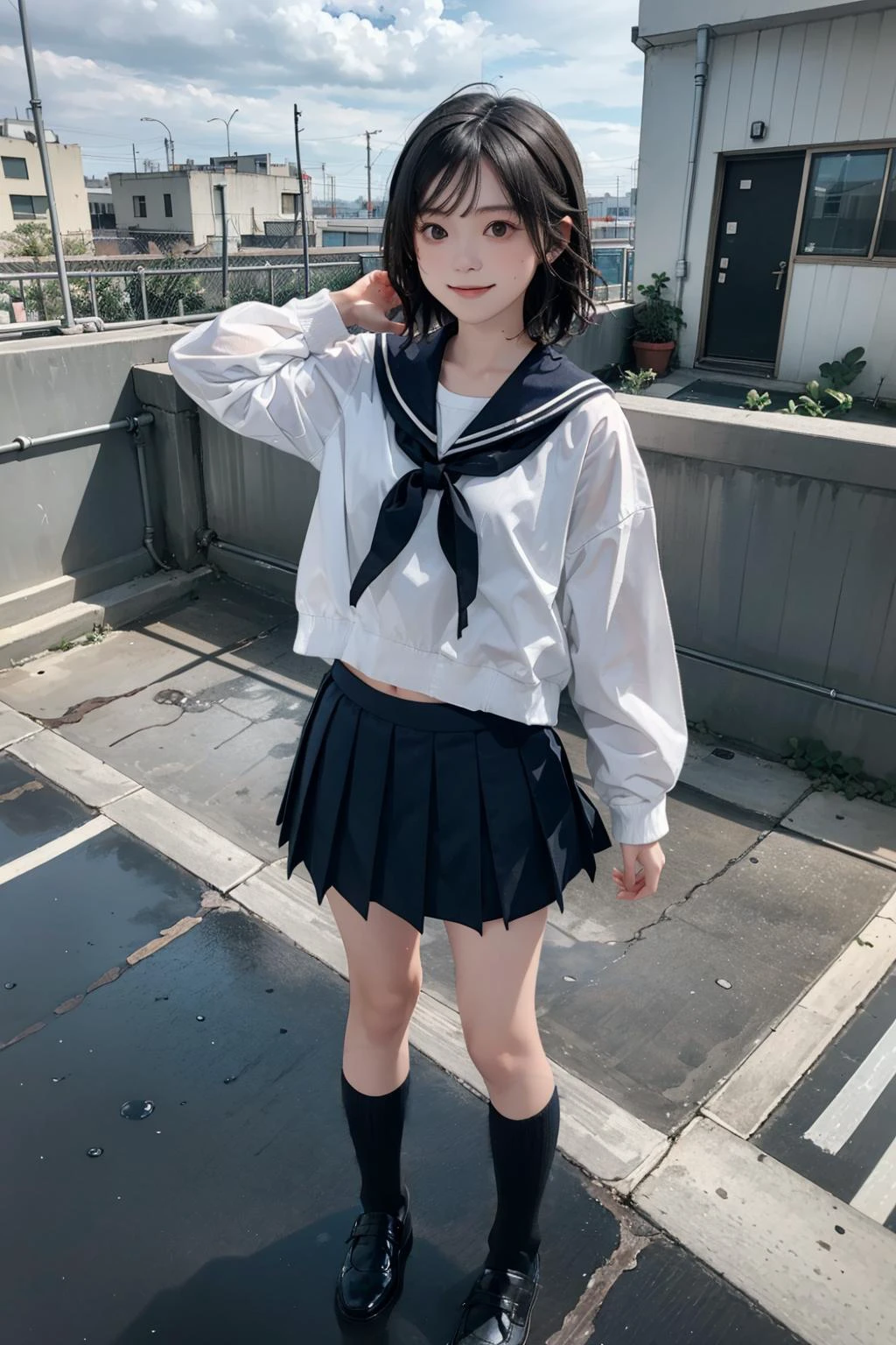 fringe, (lady:1.1), (silhouette:1), (puddle), (After the rain), (wet clothes), (cloudy day)
black hair, dark eyes,
(masterpiece), (best quality)
shy face,bare legs
(side bangs:1)
<lora:nakashimayuki_lora:0.75> 1girl
(healthy complexion:1.5), standing
Lips slightly open, flat chest, school uniform, short skirt, seifuku, smile, short hair, full body, loafer, navel,arm at side
<lora:school_rooftop_v0.1:0.8> school rooftop <lora:GoodHands-vanilla:0.8>, school_shoe, serafuku, (:3:1), white shirt, black knee socks