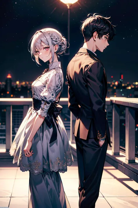 Masterpiece, anime still, intricate details, uhd, 4k, hdr, EyeDetail, (1girl, 1boy,) ((standing back to back)), ((tall male, short female)), looking at the viewer, at night, <lora:school_rooftop_v0.1:1> school rooftop