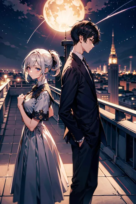 Masterpiece, anime still, intricate details, uhd, 4k, hdr, EyeDetail, (1girl, 1boy,) ((standing back to back)), ((tall male, short female)), looking at the viewer, at night, <lora:school_rooftop_v0.1:1> school rooftop