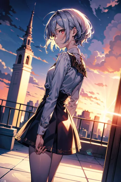 Masterpiece, anime still, intricate details, uhd, 4k, hdr, EyeDetail, (1girl, 1boy,) (((standing back to back))):1.3, (((tall male, short girl))), ((looking at the viewer, low angle view)), at night, <lora:school_rooftop_v0.1:1> school rooftop