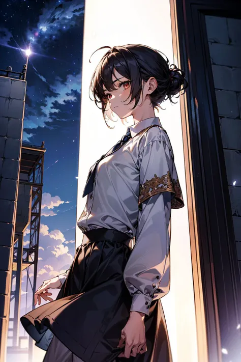 Masterpiece, anime still, intricate details, uhd, 4k, hdr, EyeDetail, (1girl, 1boy,) (((standing back to back))):1.3, (((tall male, short girl))), ((looking at the viewer, low angle view)), at night, <lora:school_rooftop_v0.1:1> school rooftop