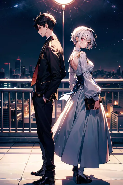 Masterpiece, anime still, intricate details, uhd, 4k, hdr, EyeDetail, (1girl, 1boy,) ((standing back to back)), ((tall male, short female)), looking at the viewer, at night, <lora:school_rooftop_v0.1:1> school rooftop