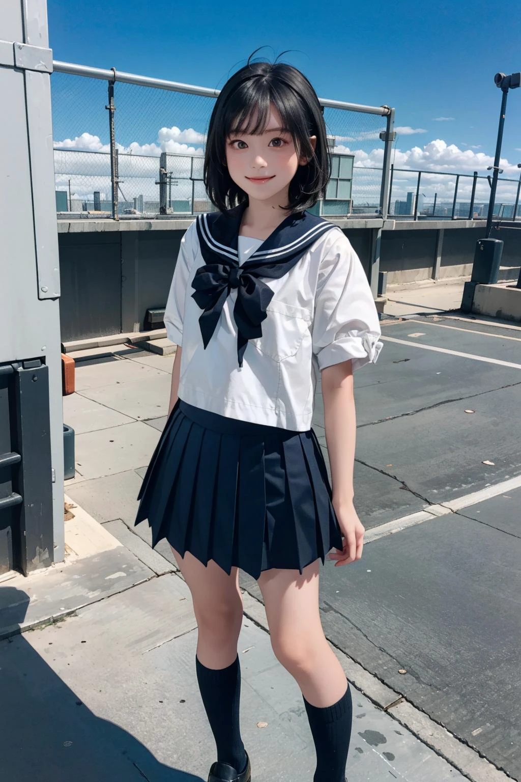 fringe, (lady:1.1), night
black hair, dark eyes
(masterpiece), (best quality)
shy face,bare legs
(side bangs:1)
<lora:nakashimayuki_lora:0.8> 1girl
(healthy complexion:1.5), standing
Lips slightly open, flat chest, school uniform, short skirt, seifuku, smile, short hair, full body, spread arms, school_shoe
<lora:school_rooftop_v0.1:0.8> school rooftop <lora:GoodHands-vanilla:0.8>, (silhouette:1.5)