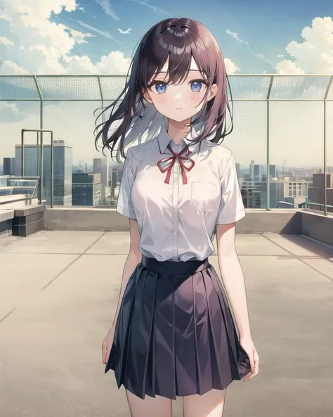 1girl,  
 <lora:school_rooftop_v0.1:1>, school rooftop, outdoors, sky, fence, 
school uniform, skirt, ribbon tie,