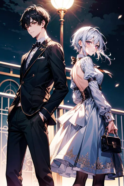 Masterpiece, anime still, intricate details, uhd, 4k, hdr, EyeDetail, (1girl, 1boy,) ((standing back to back)), ((tall male, short female)), looking at the viewer, at night, <lora:school_rooftop_v0.1:1> school rooftop