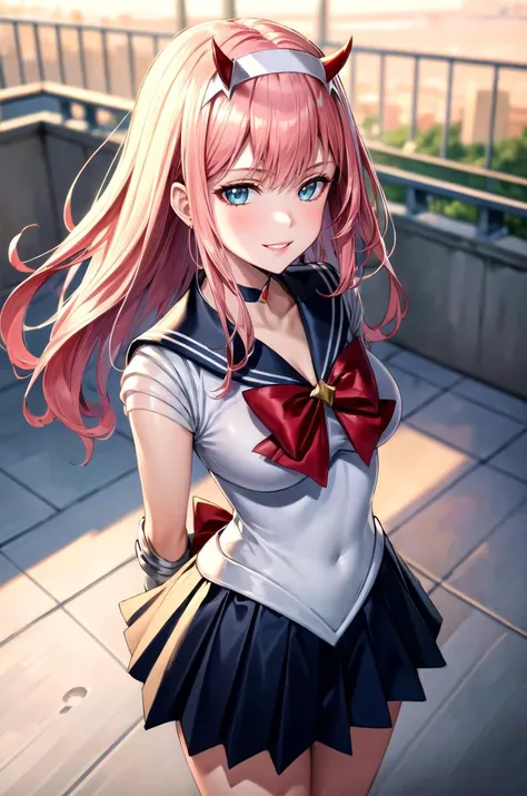 (masterpiece, best quality, detailed), 1girl, solo, looking at viewer,
<lora:zero_two_(darling_in_the_franxx)_v1:0.7>, bbzero2, long hair, horns, hairband, <lora:Sailor Moon Outfit:0.9>, sailor moon outfit, <lora:school_rooftop_v0.1:1>, school rooftop, chain-link fence, fence, sunset, arms behind back, smirk, smile, parted lips