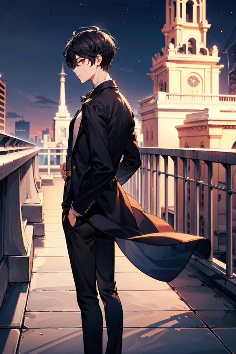 Masterpiece, anime still, intricate details, uhd, 4k, hdr, EyeDetail, (1girl, 1boy,) (((standing back to back))):1.3, ((tall male, short female)), (looking at the viewer, low angle view), at night, <lora:school_rooftop_v0.1:1> school rooftop