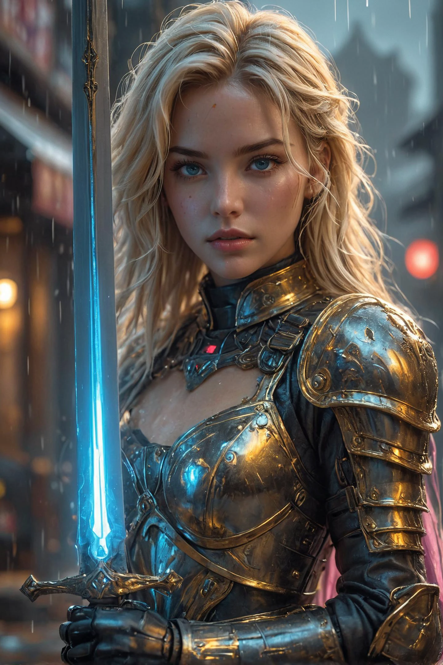 amazing quality, masterpiece, best quality, hyper detailed, ultra detailed a beautiful woman, blonde hair,detailed face, portrait, holding glowing sword, cyberpunk setting, photorealistic, hyper detailed, 16K, HDR, HKStyle, HD, masterpiece, best quality, hyper detailed, ultra detailed,raining, rainy weather,