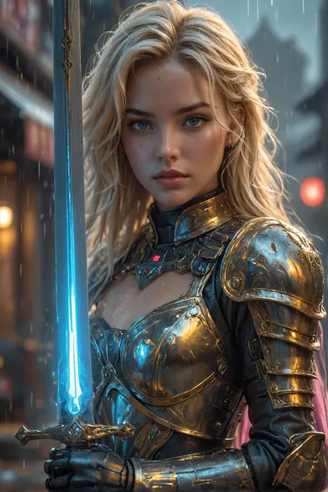 amazing quality, masterpiece, best quality, hyper detailed, ultra detailed a beautiful woman, blonde hair,detailed face, portrait, holding glowing sword, cyberpunk setting, photorealistic, hyper detailed, 16K, HDR, HKStyle, HD, masterpiece, best quality, hyper detailed, ultra detailed,raining, rainy weather,