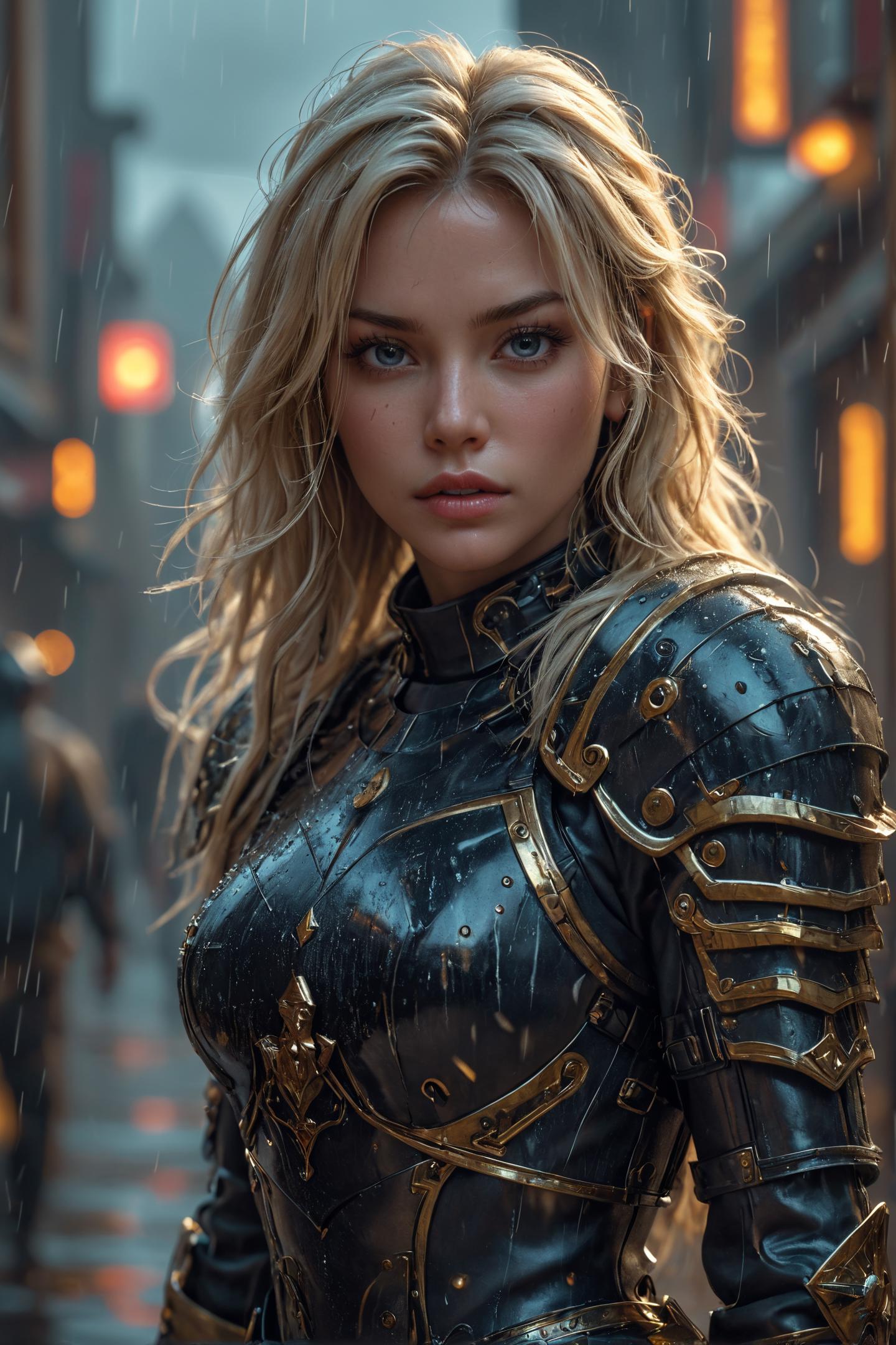 A woman in armor standing in a city street in the rain - SeaArt AI