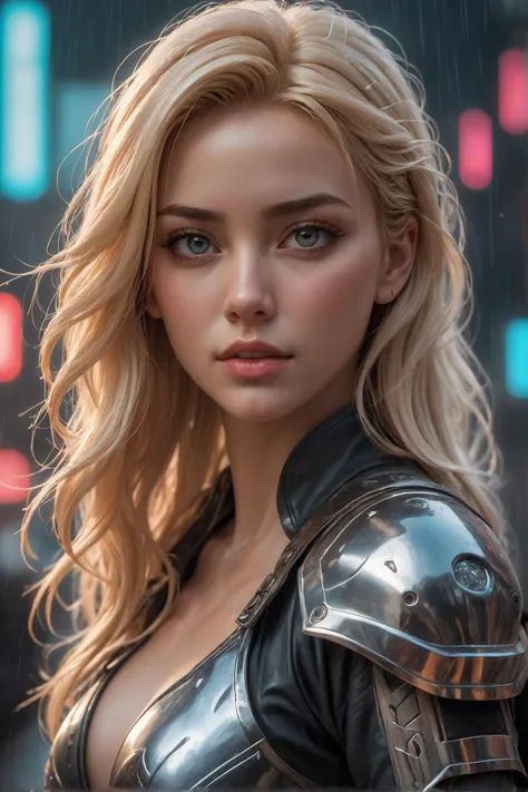 amazing quality, masterpiece, best quality, hyper detailed, ultra detailed a beautiful woman, blonde hair,detailed face, portrait, holding glowing sword, cyberpunk setting, photorealistic, hyper detailed, 16K, HDR, HKStyle, HD, masterpiece, best quality, hyper detailed, ultra detailed,raining, rainy weather,