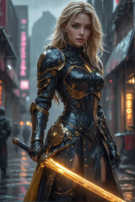 amazing quality, masterpiece, best quality, hyper detailed, ultra detailed a beautiful woman, blonde hair,detailed face, portrait, holding glowing sword, cyberpunk setting, photorealistic, hyper detailed, 16K, HDR, HKStyle, HD, masterpiece, best quality, hyper detailed, ultra detailed,raining, rainy weather,