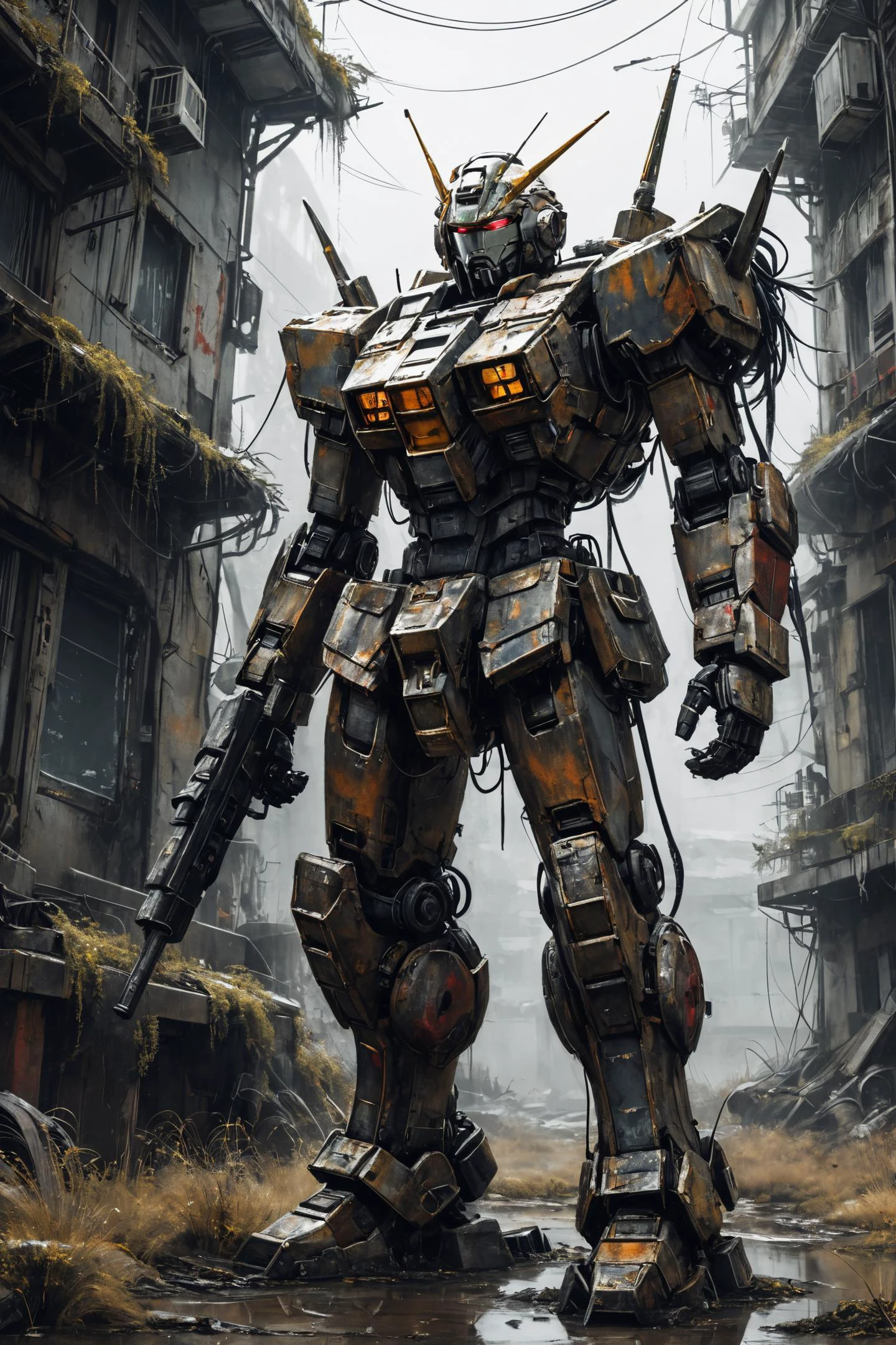 winter, dark, dusk, an abandoned old rusty Gundam, an overgrown , frame weathered and worn, detailed <lora:SDXL - Style - Dystopia:0.5>