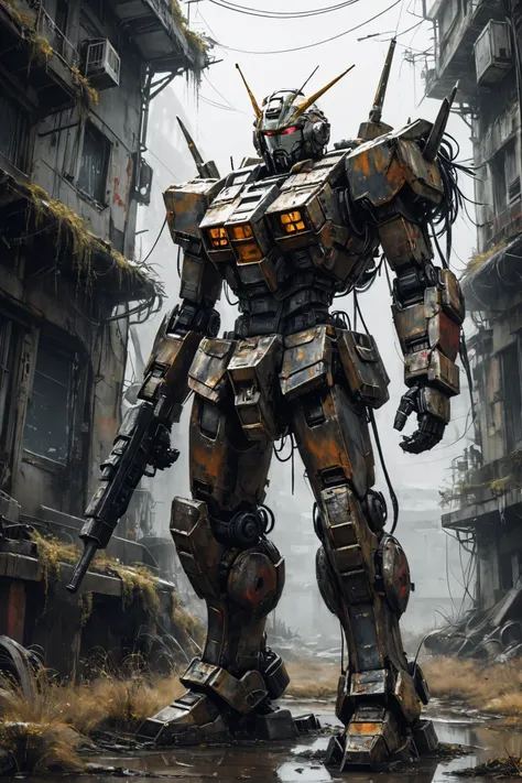 winter, dark, dusk, an abandoned old rusty Gundam, an overgrown , frame weathered and worn, detailed  <lora:SDXL - Style - Dystopia:0.5>