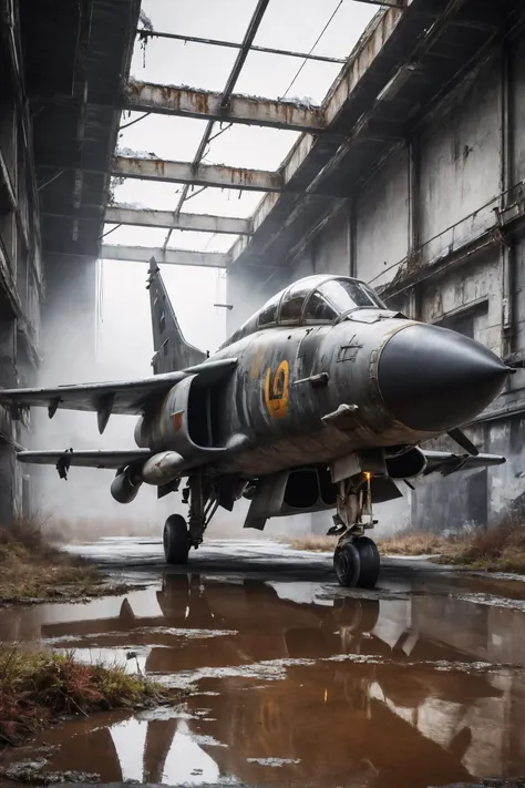 amazing quality, masterpiece, best quality, hyper detailed, ultra detailed,photo, winter, dark, dusk, an abandoned old jet fighter, an overgrown , frame weathered and worn,rust stains and spots