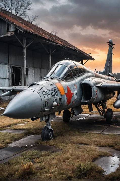 amazing quality, masterpiece, best quality, hyper detailed, ultra detailed,photo, winter, dark, dusk, an abandoned old jet fighter, an overgrown , frame weathered and worn,rust stains and spots