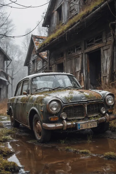 amazing quality, masterpiece, best quality, hyper detailed, ultra detailed,photo, winter, dark, dusk, an abandoned old car, an overgrown , frame weathered and worn,rust stains and spots