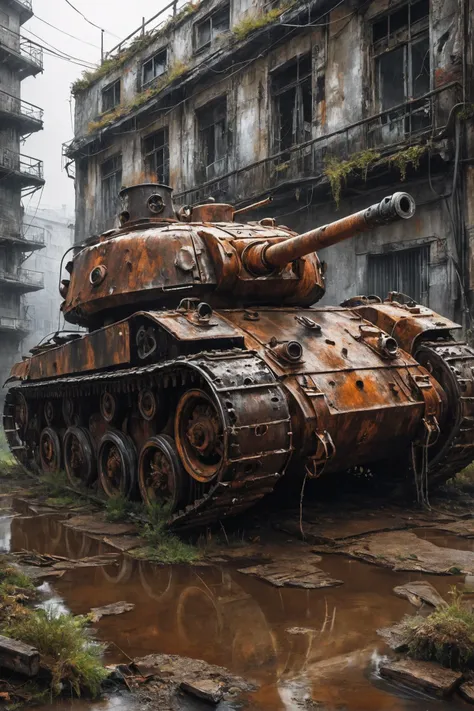 amazing quality, masterpiece, best quality, hyper detailed, ultra detailed,photo, winter, dark, dusk, an abandoned old tank, an overgrown , frame weathered and worn,rust stains and spots