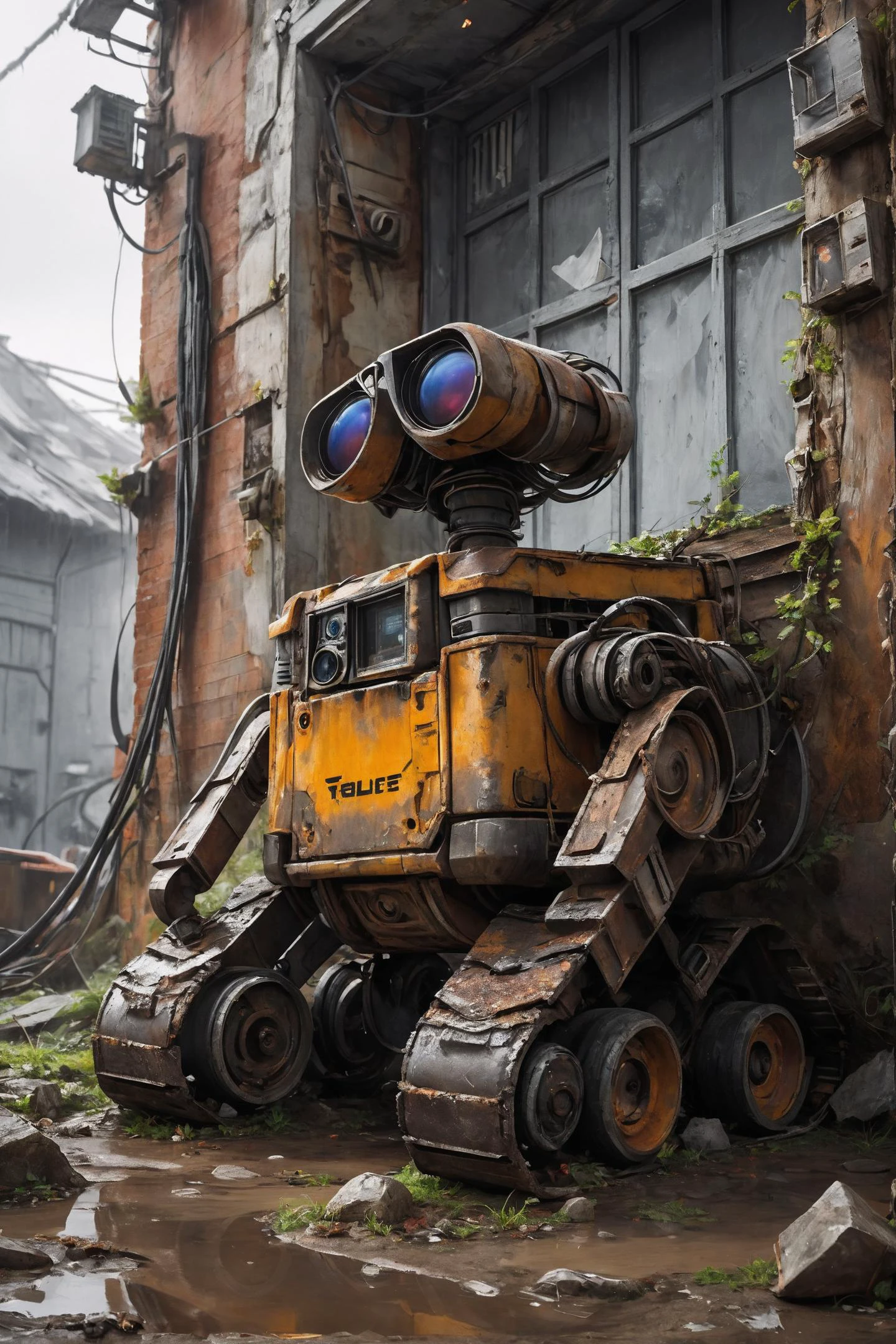 amazing quality, masterpiece, best quality, hyper detailed, ultra detailed,photo, winter, dark,snow, dusk, an abandoned and broken wall-e, an overgrown , frame weathered and worn,rust stains and spots