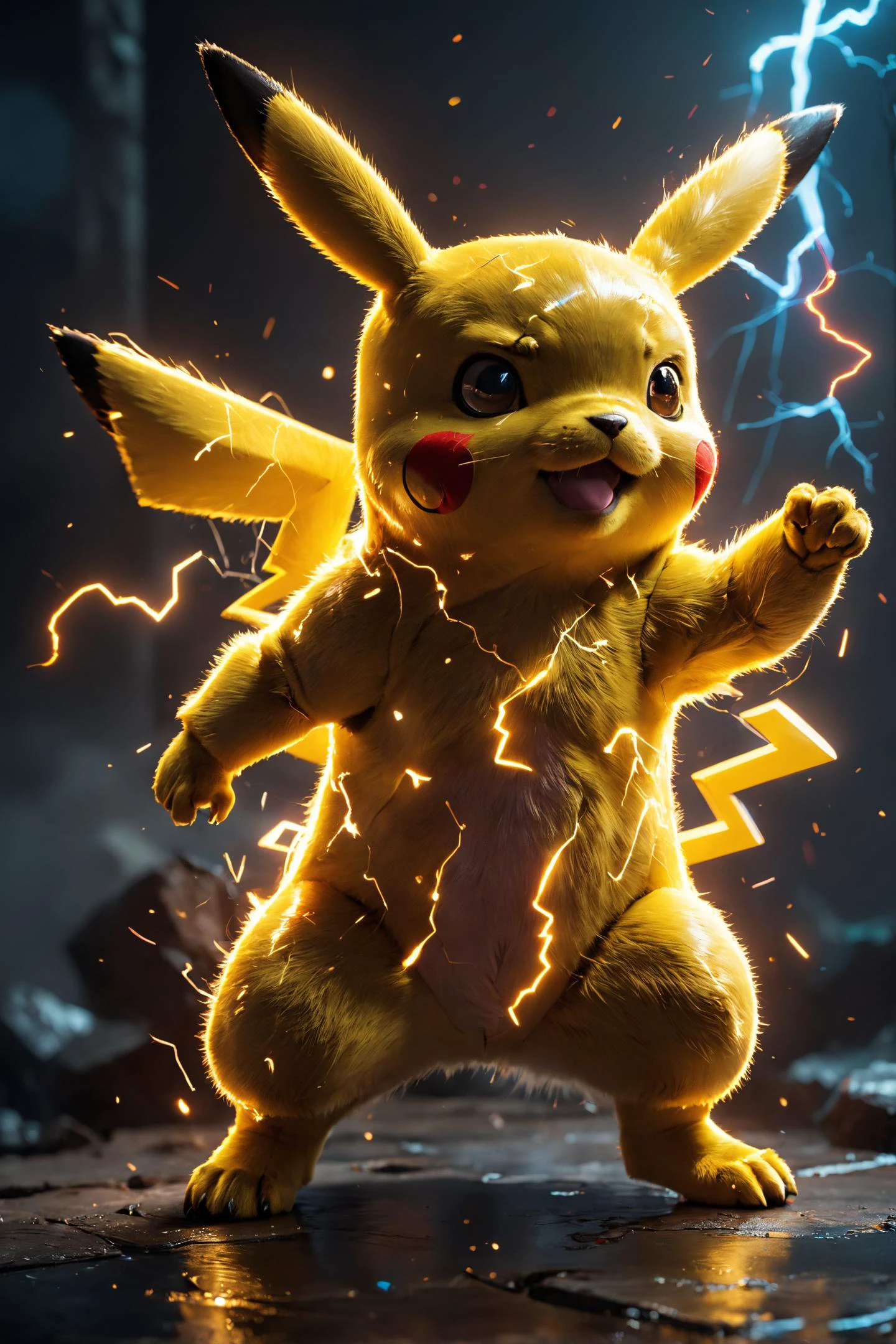 glowneon, Pikachu emitting lightning and sparks, ((masterpiece, best quality)),from side,full body