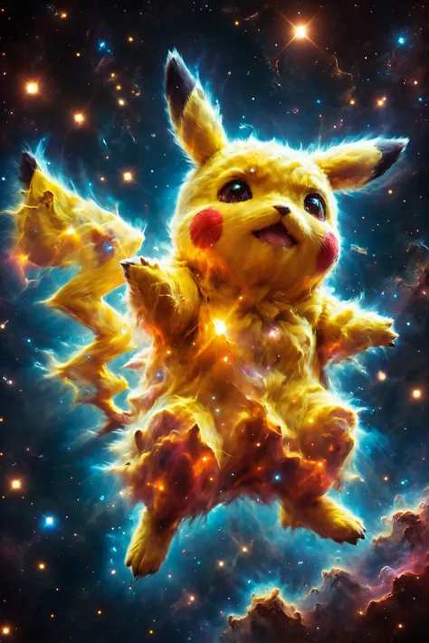 Pikachu made of mad-nbla floating in space <lora:Space_Nebula_Style_SDXL:1.1>, (masterpiece:1.2), best quality