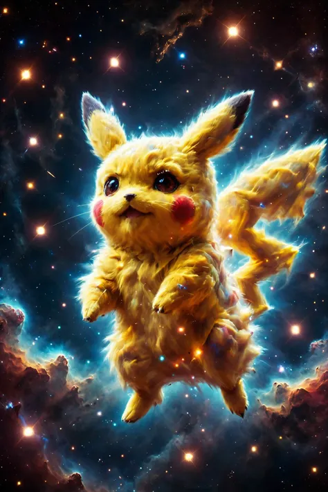 Pikachu made of mad-nbla floating in space <lora:Space_Nebula_Style_SDXL:1.1>, (masterpiece:1.2), best quality