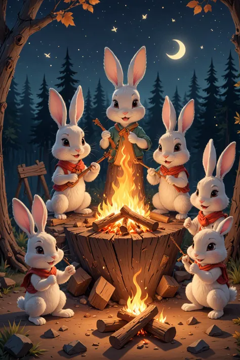 A band composed of rabbit is playing around the campfire,night