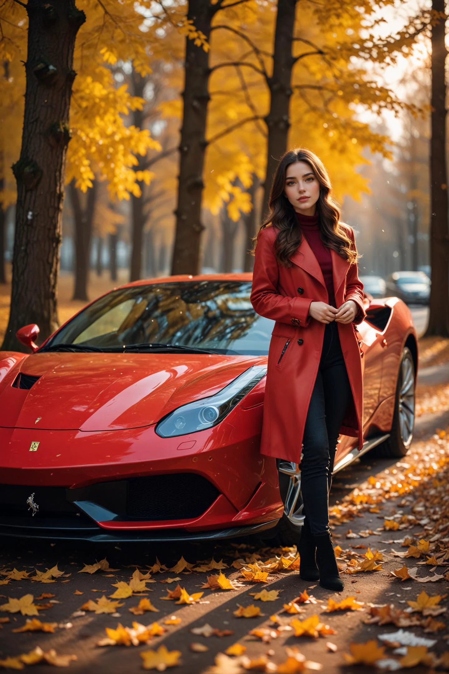 1girl standing next to a Ferrari,autumn forest, sunset, leaves falling, first snow,
