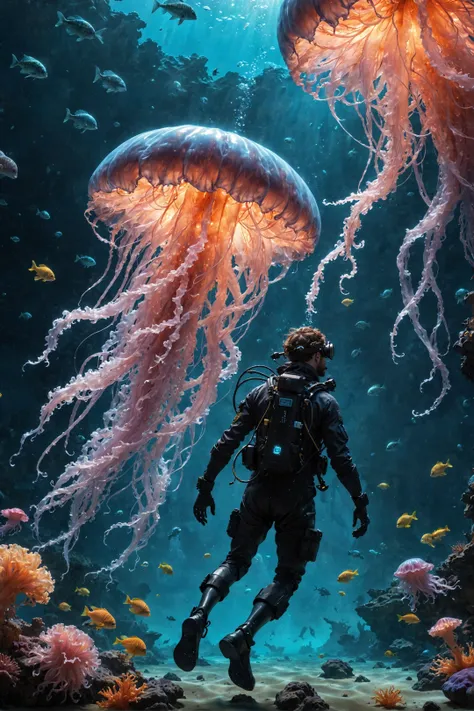 amazing quality, masterpiece, best quality, hyper detailed, ultra detailed, UHD, perfect anatomy, portrait, dof, hyper-realism, majestic, awesome, inspiring, tiny diver infront of neon giant jellyfish in space water, cinamatic composition, soft shadows, national geographic style