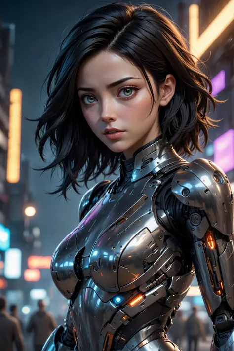 cybernetic robot cybernetic robot breathtaking In this breathtaking world of Battle Angle at night, Alita comes to life in a stunning adaptation. Running towards the viewer, she commands attention, revealing every curve and line of her lean athletic form. Her charming and determined expression. The neon lights that bathe her in a warm glow. She maintains the same cool composure that made her such an iconic character. High contrast, vibrant colors, embedding:, extremely large detailed eyes. The overall effect is a stunning image that captures the style of Chris Cold and Jason Edmiston, . android, AI, machine, metal, wires, tech, futuristic, highly detailed, SimplePositiveXLv2,