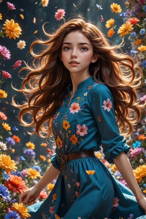 amazing quality, 4k, masterpiece, a girl with flowy hair, floating in air, colorful vortex of flowers, (highres, highly detailed:1.2), cinematic lighting, vibrant colors,<lora:more_details:0.25>